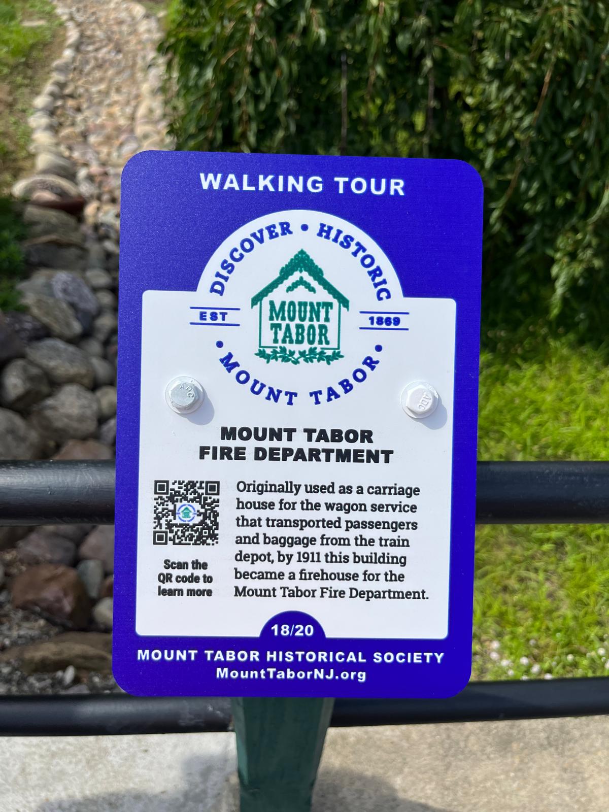 Completed Mount Tabor walking tour sign mounted outdoors with QR code visible.